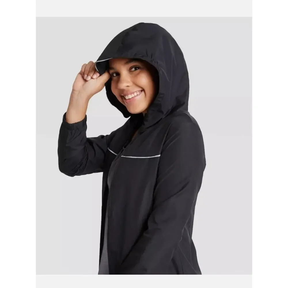 All In Motion Black Rain Jacket/Windbreaker Hooded Reflectors NWT Size XL